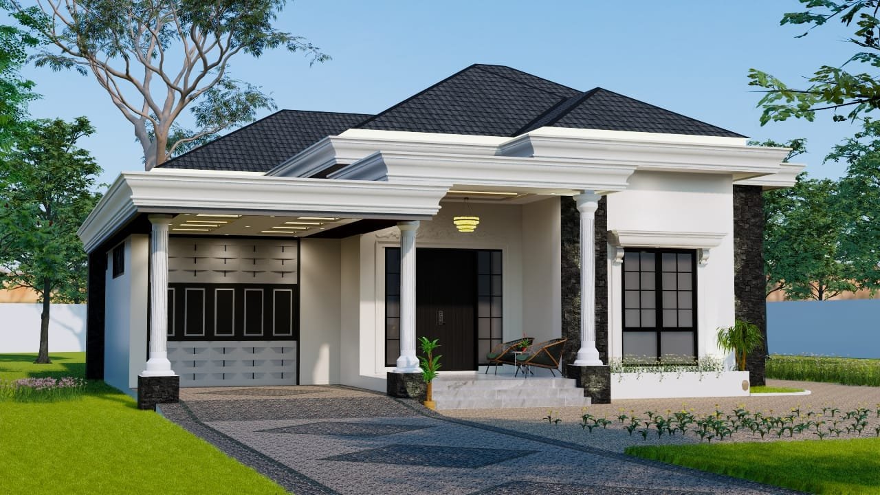 Desain rumah klasik modern 1 lantai dengan garasi, pilar elegan, dan fasad mewah