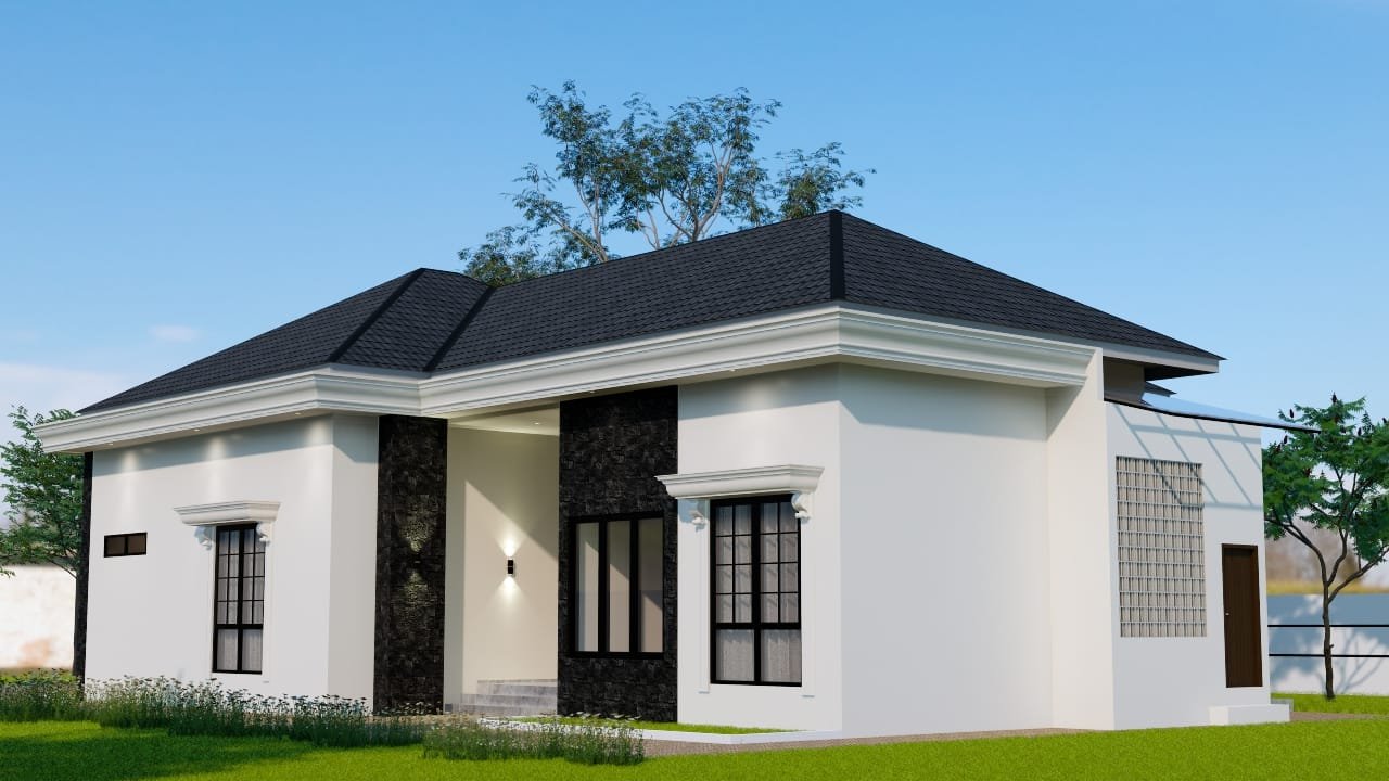 Tampak belakang rumah klasik modern mewah 1 lantai dengan desain fasad elegan