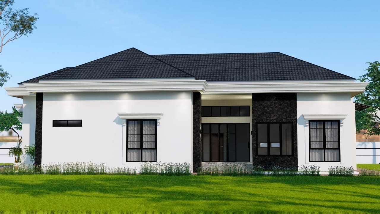 Tampak samping rumah klasik modern 1 lantai dengan kombinasi batu alam dan jendela tinggi