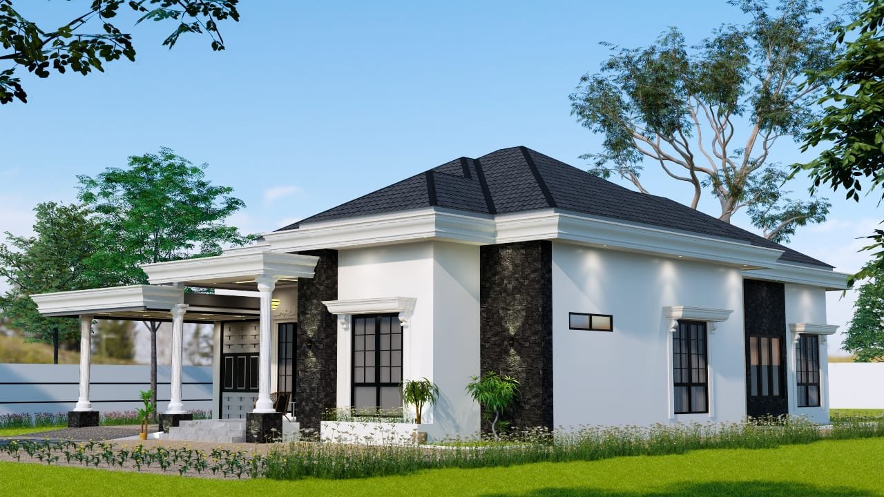 Tampak samping rumah klasik modern 1 lantai dengan kombinasi batu alam dan jendela tinggi