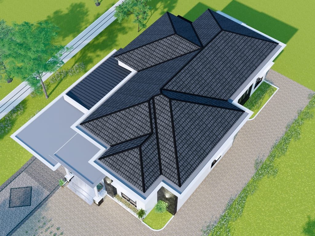 Desain atap rumah klasik modern tampak atas dengan model atap perisai bertingkat