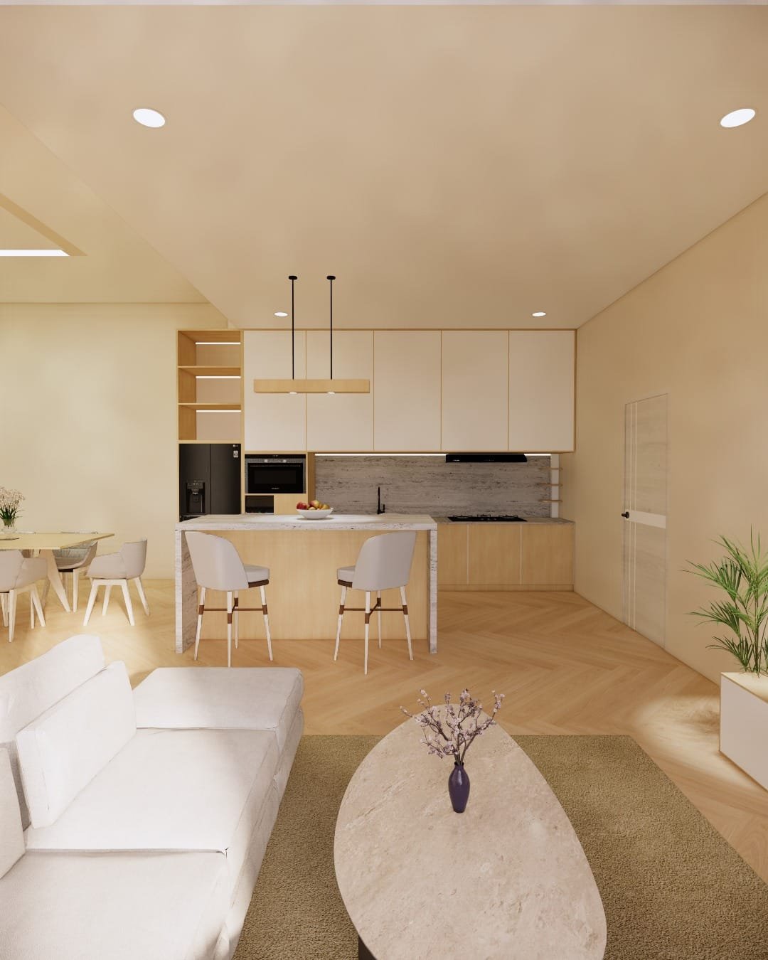 Desain interior open space rumah Japandi modern dengan ruang keluarga, dapur, dan area makan