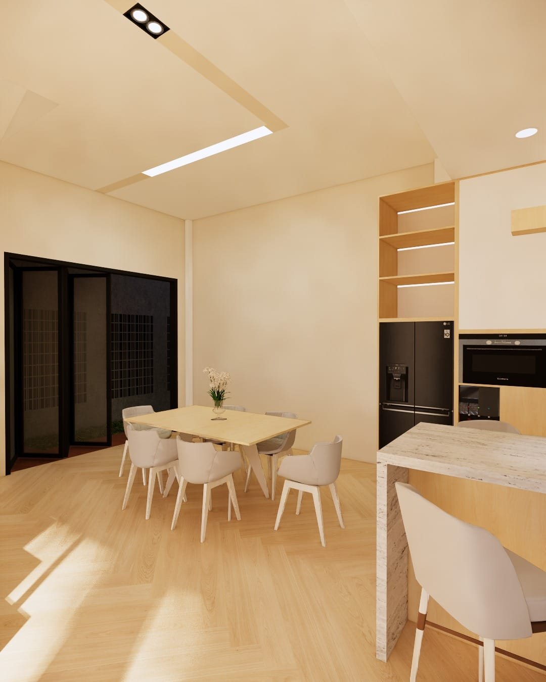 Desain ruang makan dan kitchen minimalis modern dengan kabinet built in dan nuansa kayu natural