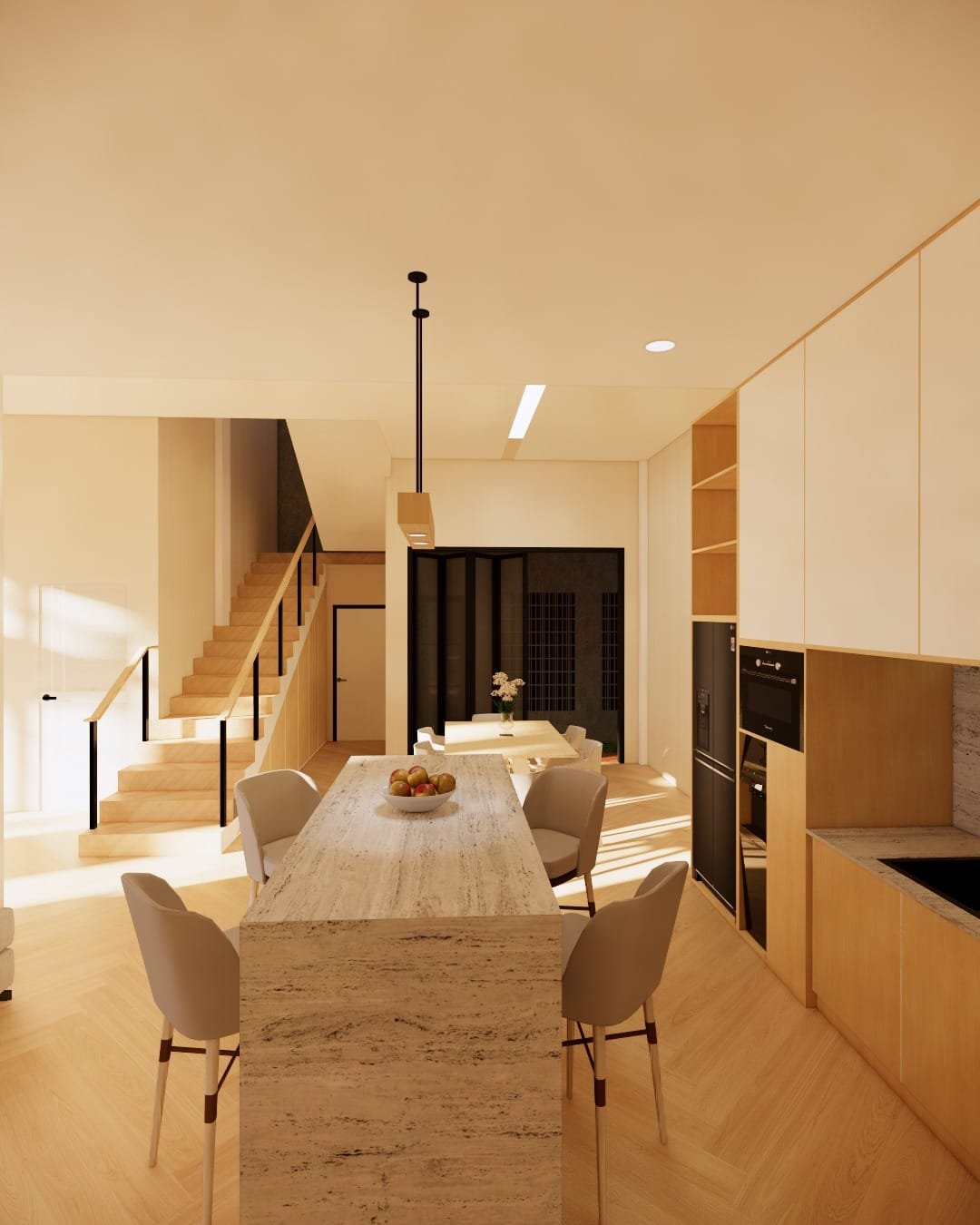 Desain dapur dan ruang makan Japandi modern minimalis dengan kitchen island dan pencahayaan alami