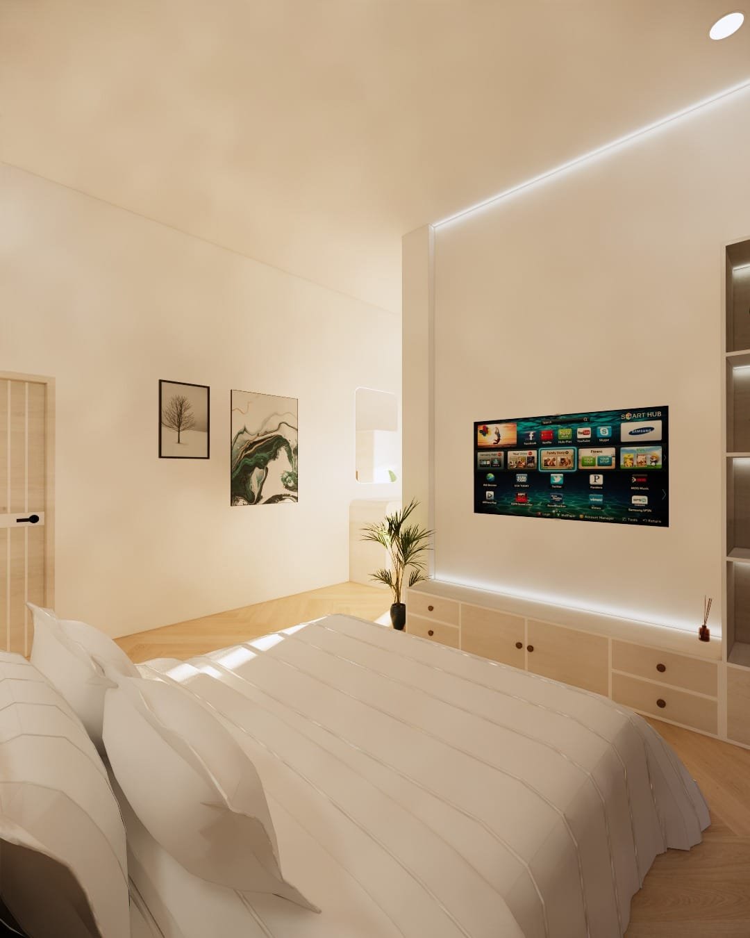 Desain bedroom Japandi modern dengan TV wall built in dan pencahayaan indirect
