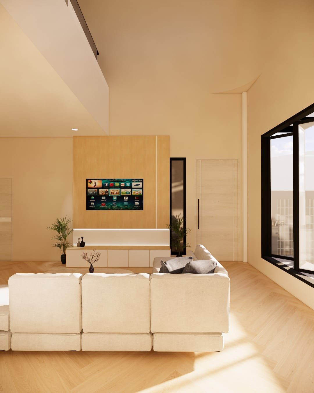 Desain ruang keluarga Japandi modern dengan sofa minimalis dan pencahayaan alami