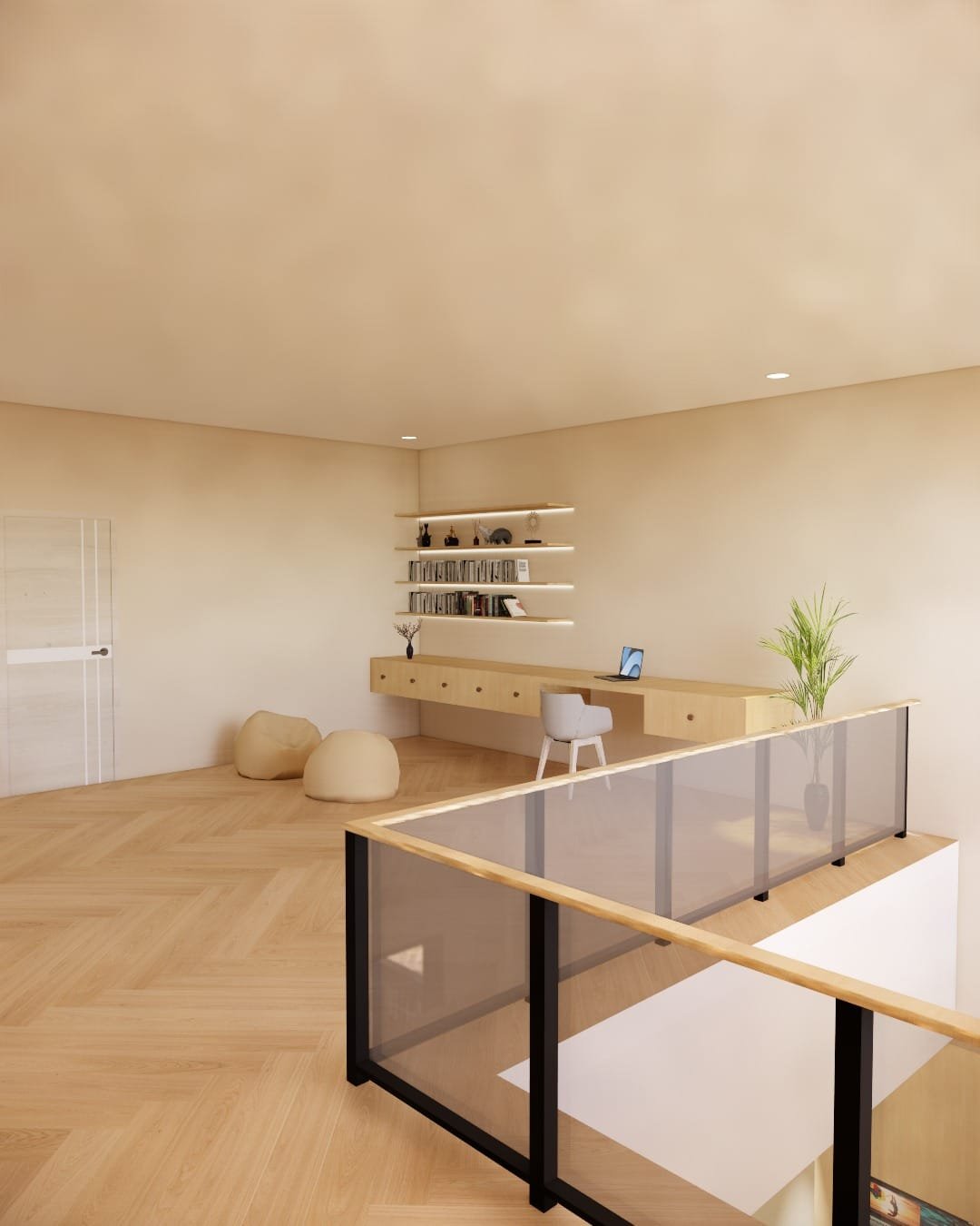 Interior mezzanine Japandi dengan ruang kerja minimalis dan pencahayaan hangat