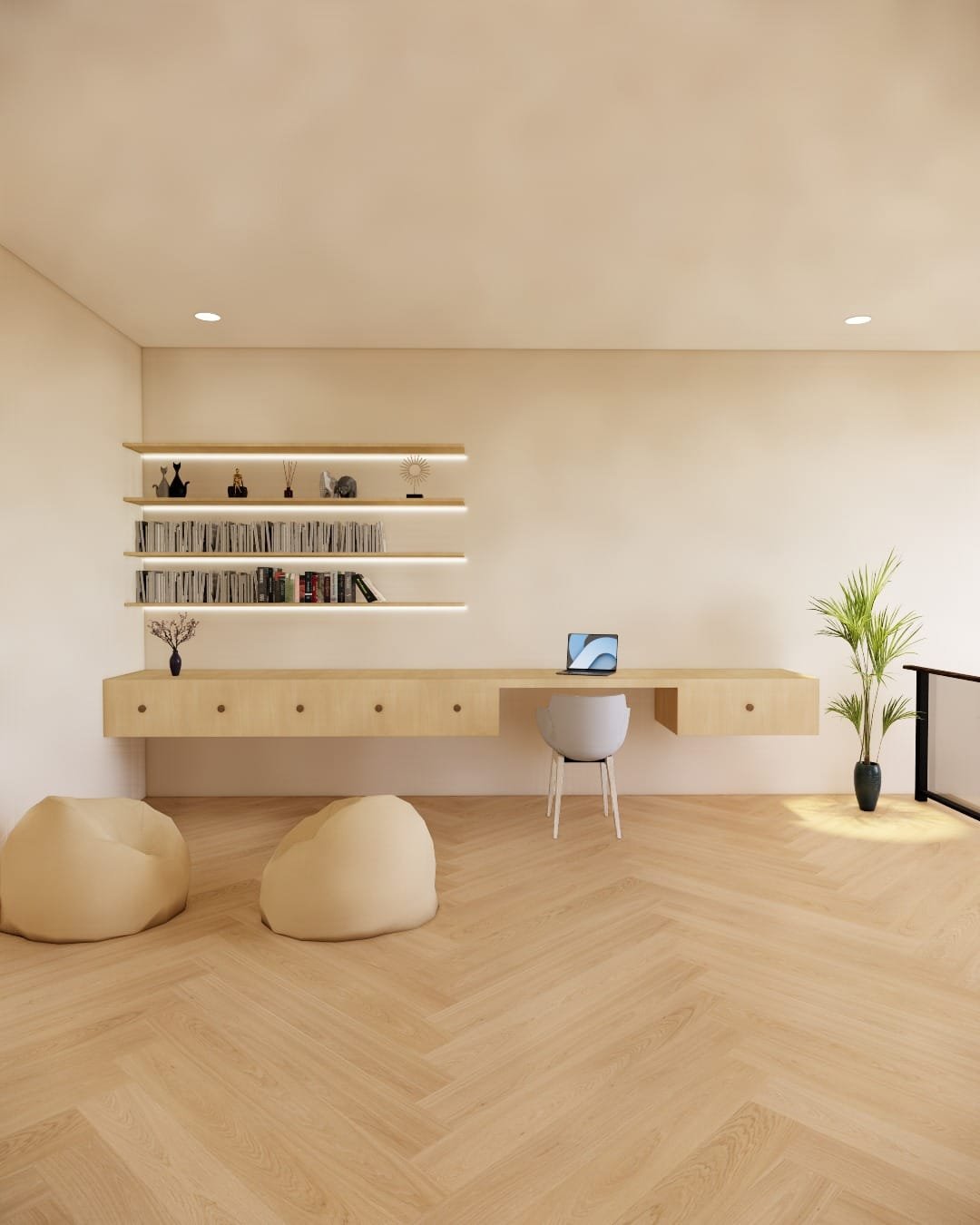 Desain ruang kerja mezzanine Japandi modern dengan meja built in dan rak dinding minimalis