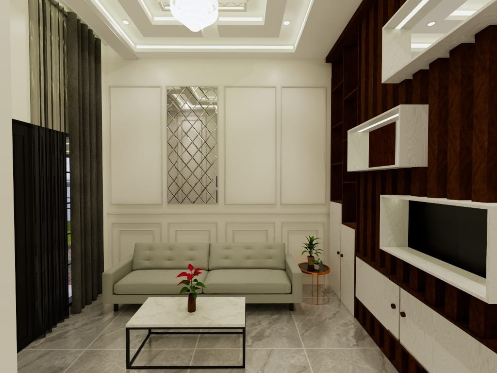 Interior rumah modern luxury dengan konsep open space, ceiling tinggi, dan pencahayaan ambient yang menciptakan suasana elegan.