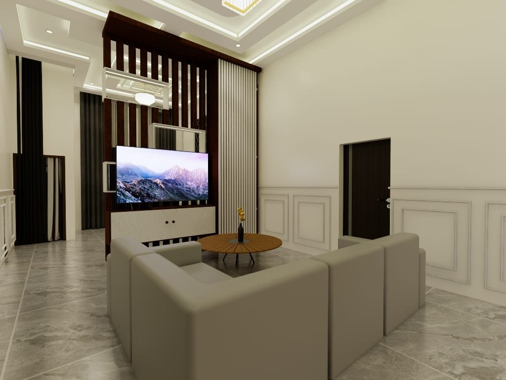 Ruang keluarga modern elegan dengan backdrop TV dekoratif, panel kayu, dan suasana yang nyaman untuk keluarga.