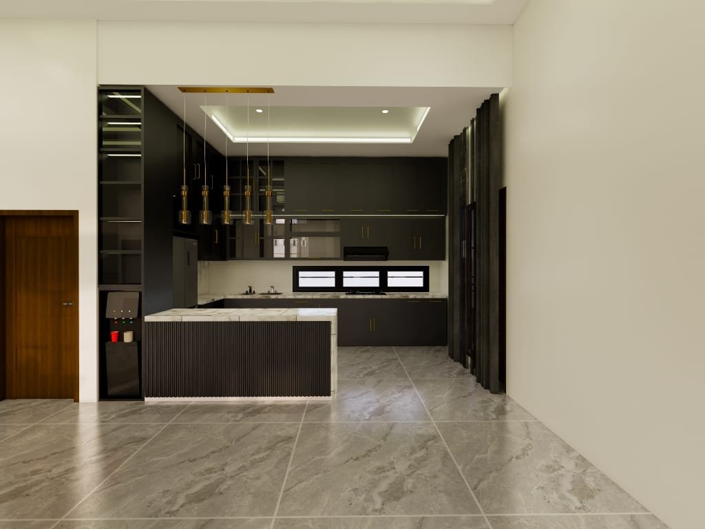 Dapur modern premium dengan kabinet hitam matte, kitchen island, dan sentuhan aksen gold yang mewah.