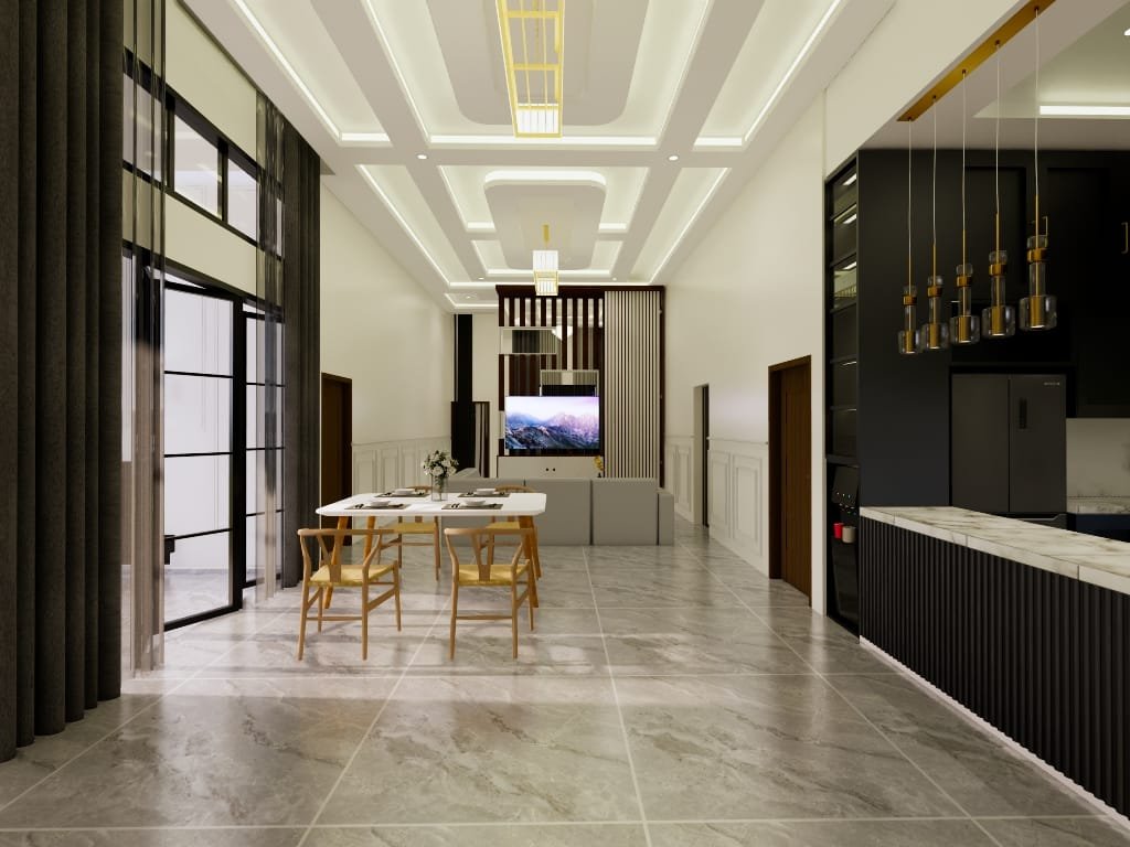Konsep interior open space modern yang menghubungkan ruang makan, dapur, dan area keluarga dalam satu kesatuan harmonis.