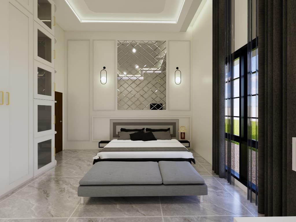 Desain kamar tidur modern minimalis dengan nuansa mewah, bukaan jendela tinggi, dan permainan panel dekoratif yang elegan.