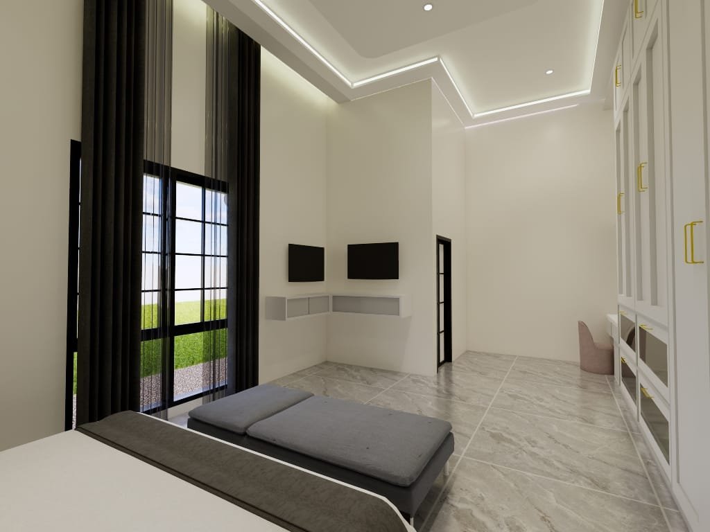 Desain kamar tidur modern minimalis dengan nuansa mewah, bukaan jendela tinggi, dan permainan panel dekoratif yang elegan.
