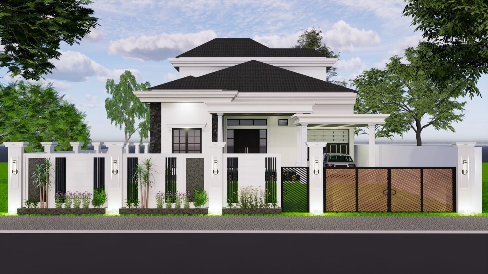 desain rumah klasik modern 1 lantai tampak depan dengan carport elegan karya SN Studio Arsitek