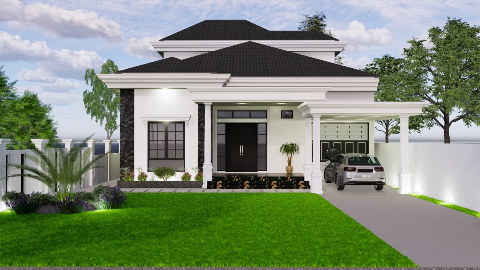 desain rumah klasik modern 1 lantai tampak depan dengan carport elegan karya SN Studio Arsitek