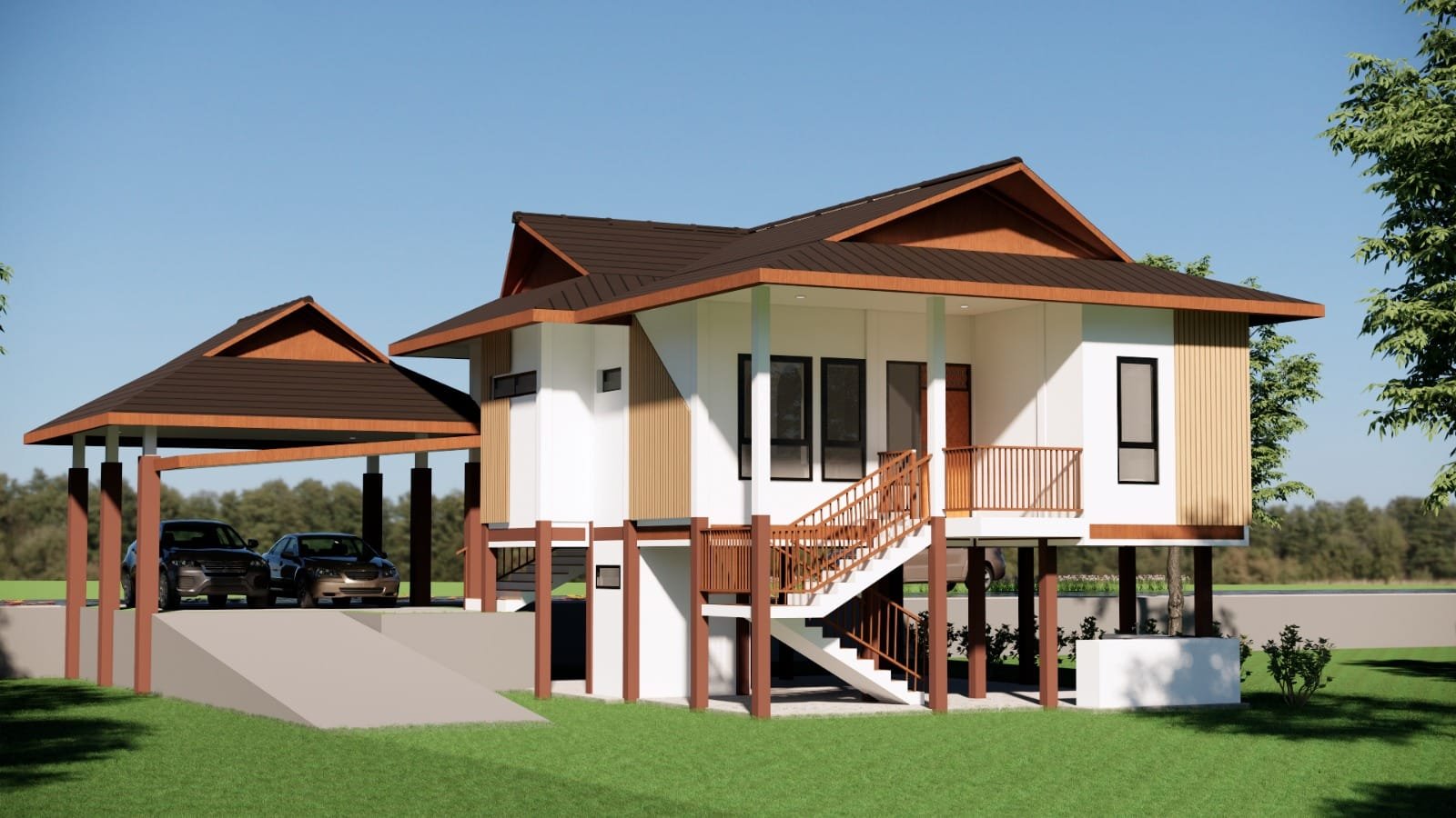Desain rumah panggung modern tropis dengan fasad elegan bernuansa kayu dan carport minimalis karya SN Studio Arsitek
