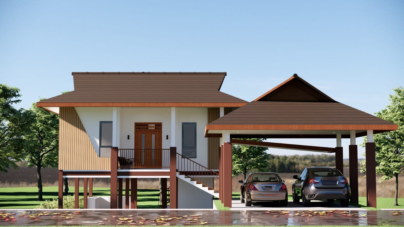 Desain rumah panggung modern tropis dengan fasad elegan bernuansa kayu dan carport minimalis karya SN Studio Arsitek