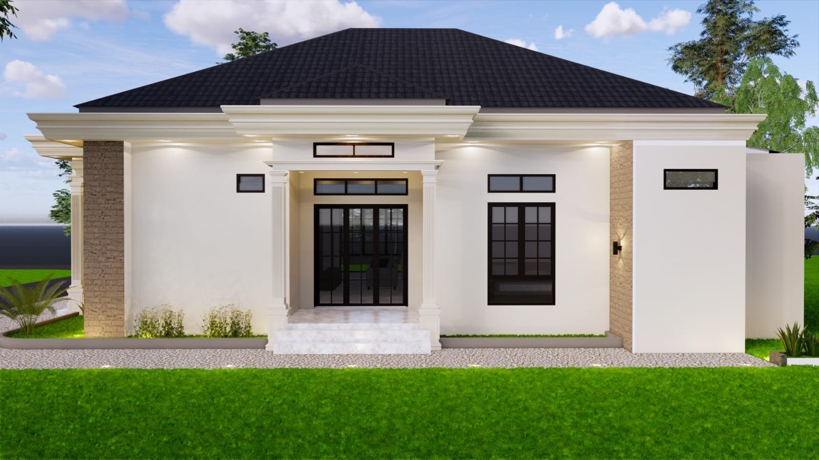 Desain rumah klasik modern milik Pak Reno di Pekanbaru dengan tampilan fasad mewah elegan rumah 1 lantai