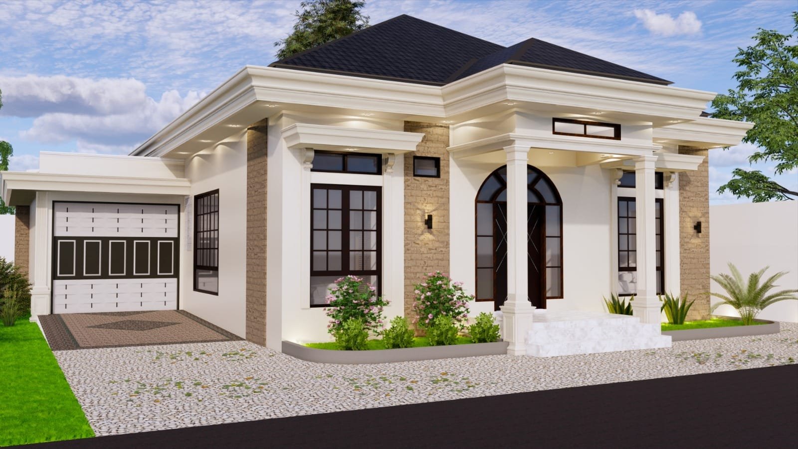 Desain rumah klasik modern milik Pak Reno di Pekanbaru dengan tampilan fasad mewah elegan rumah 1 lantai