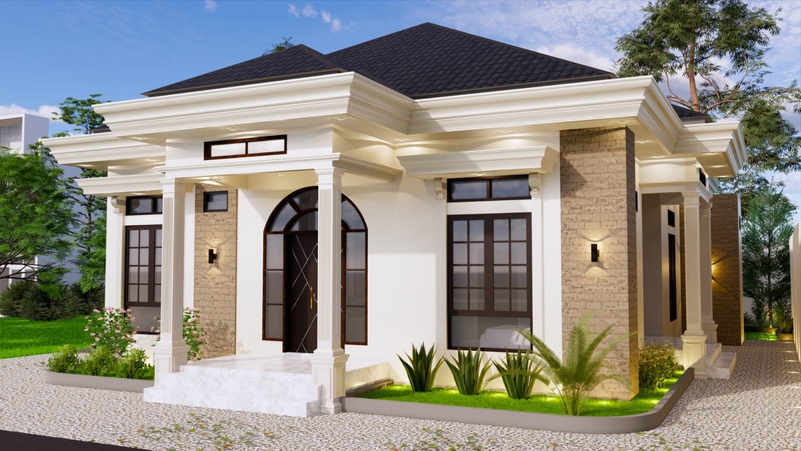 Desain rumah klasik modern milik Pak Reno di Pekanbaru dengan tampilan fasad mewah elegan rumah 1 lantai