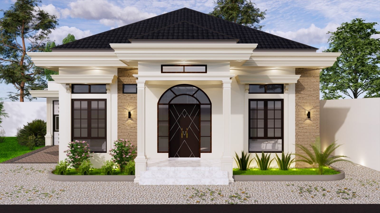 Desain rumah klasik modern milik Pak Reno di Pekanbaru dengan tampilan fasad mewah elegan rumah 1 lantai