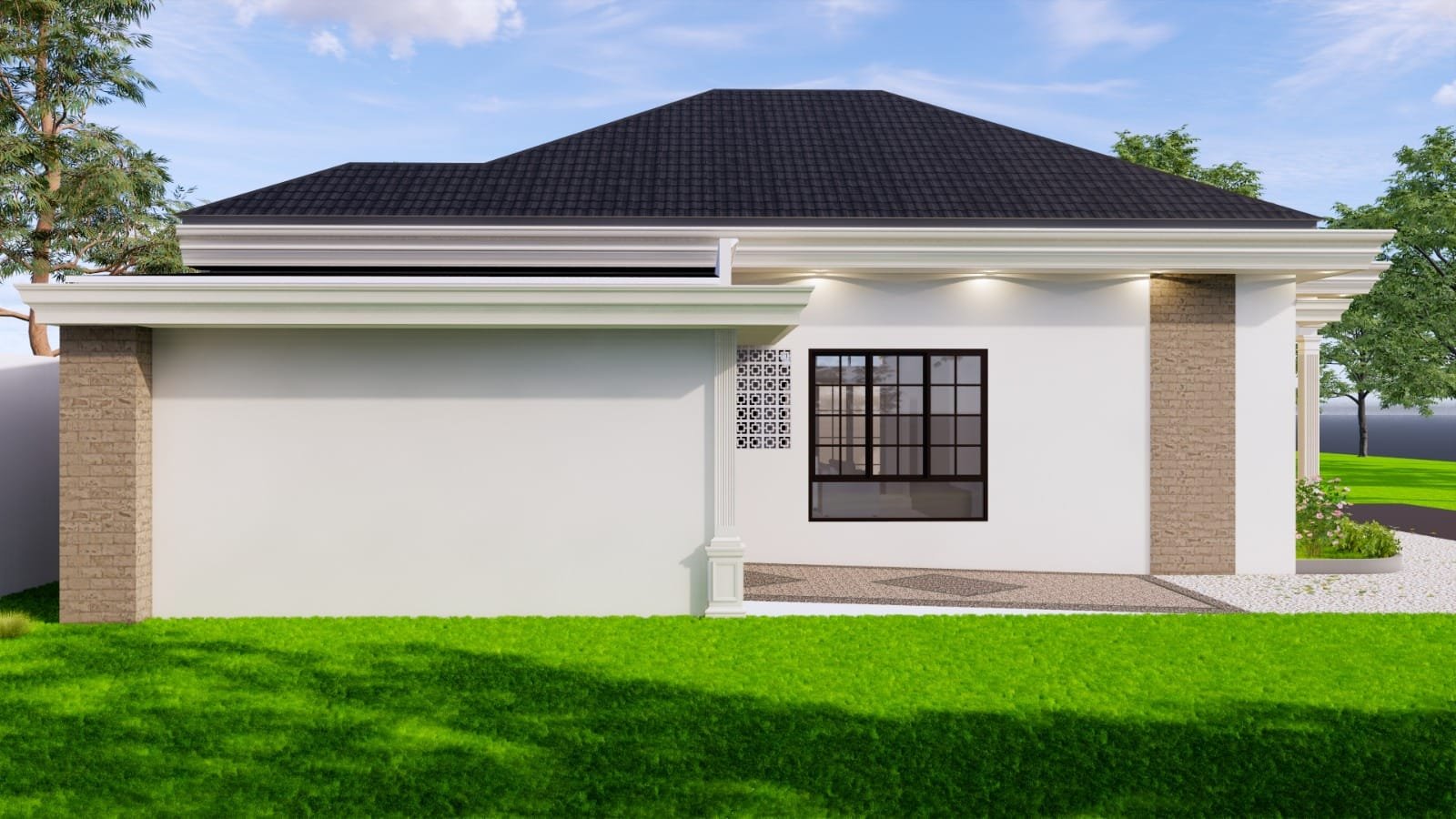 Desain rumah klasik modern milik Pak Reno di Pekanbaru dengan tampilan fasad mewah elegan rumah 1 lantai