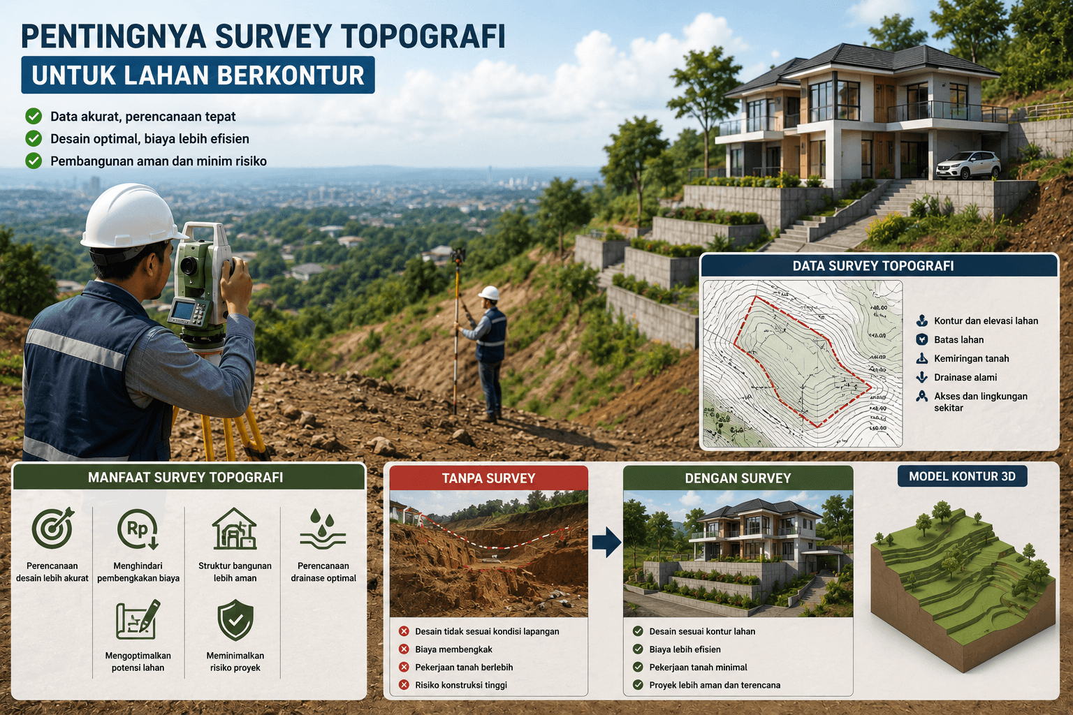 Ilustrasi survey topografi untuk lahan berkontur sebelum pembangunan rumah dan bangunan komersial
