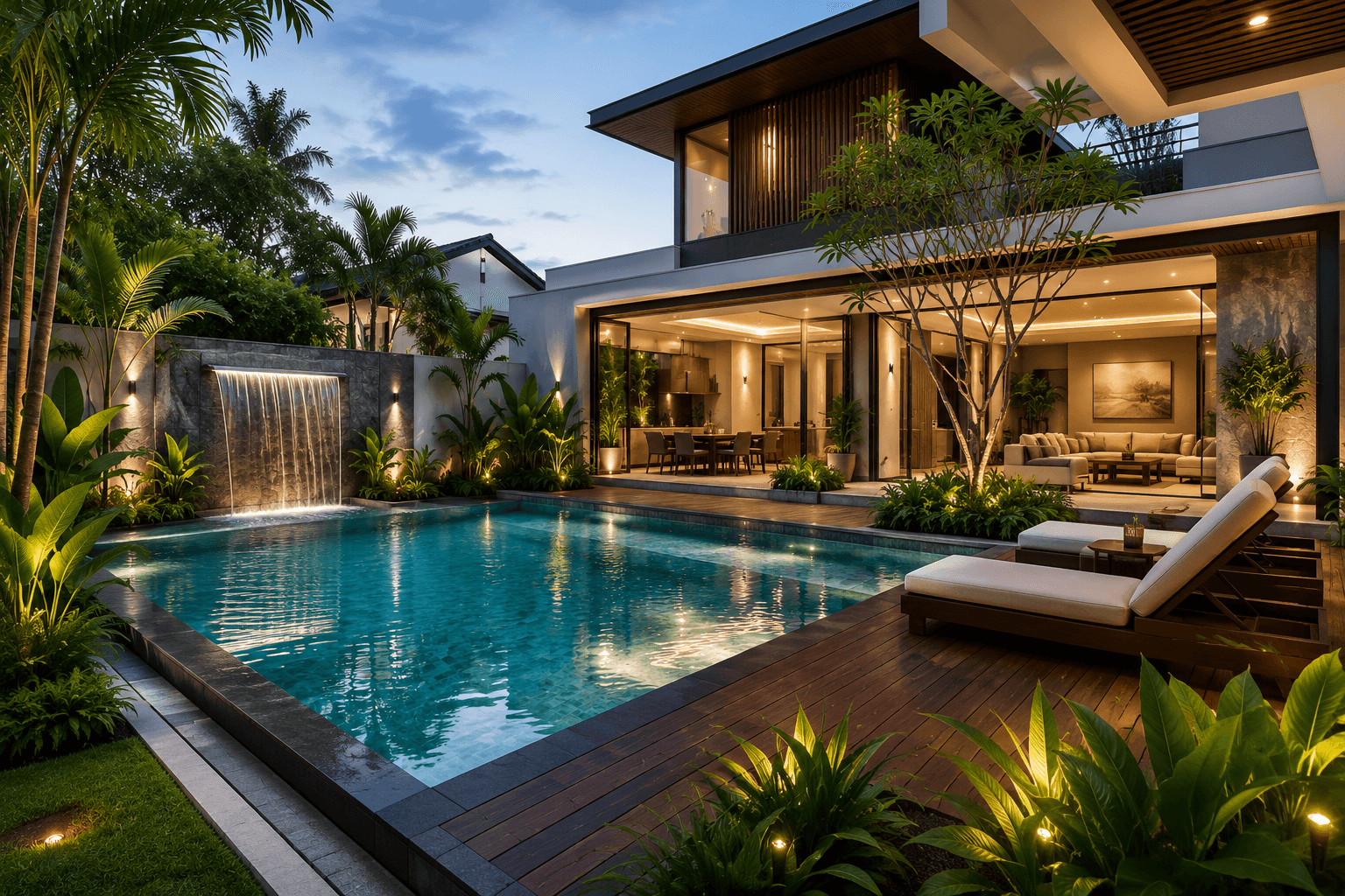 desain kolam renang rumah mewah modern dengan landscape tropis di pekanbaru