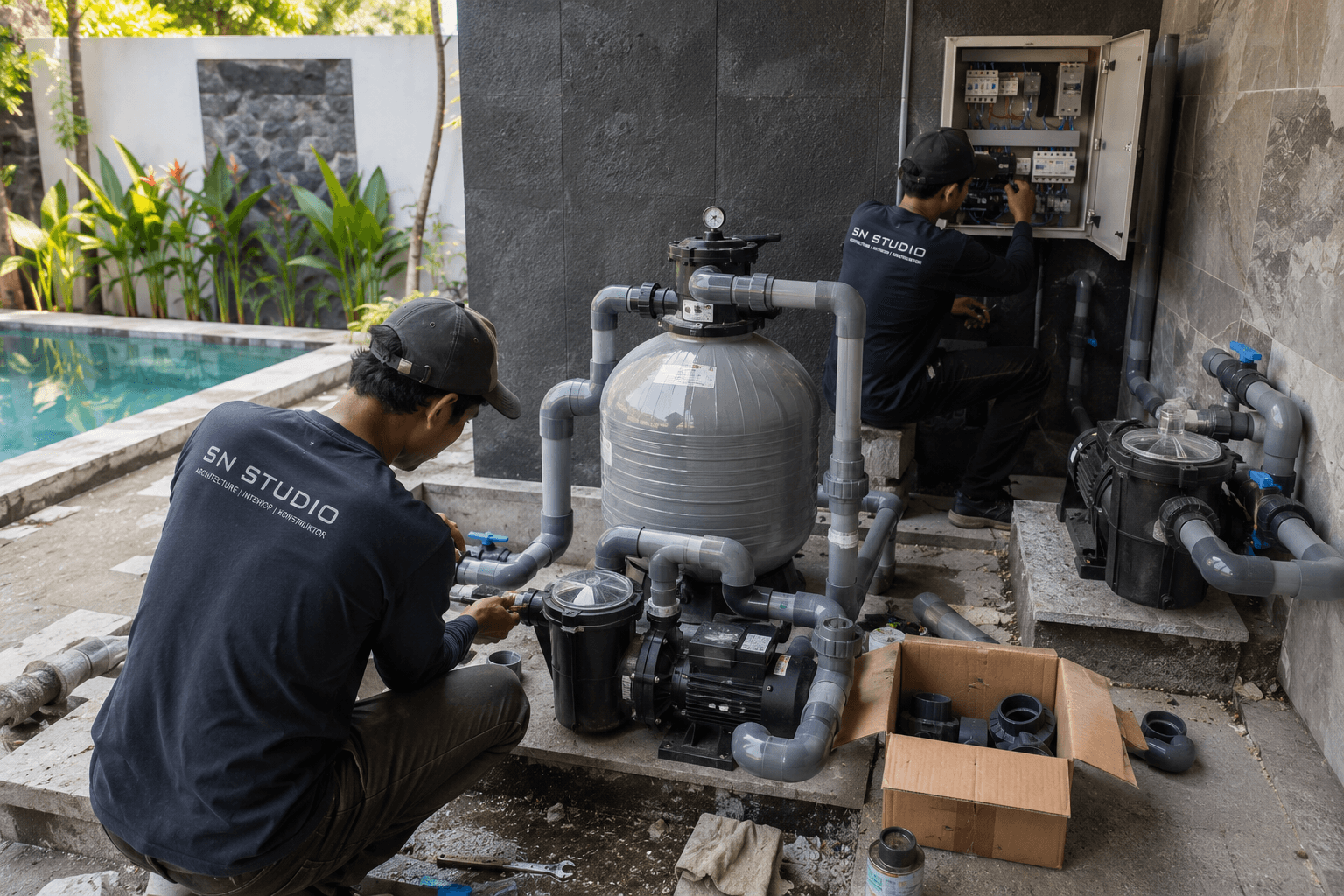 proses pemasangan mesin kolam renang oleh kontraktor kolam renang profesional di pekanbaru