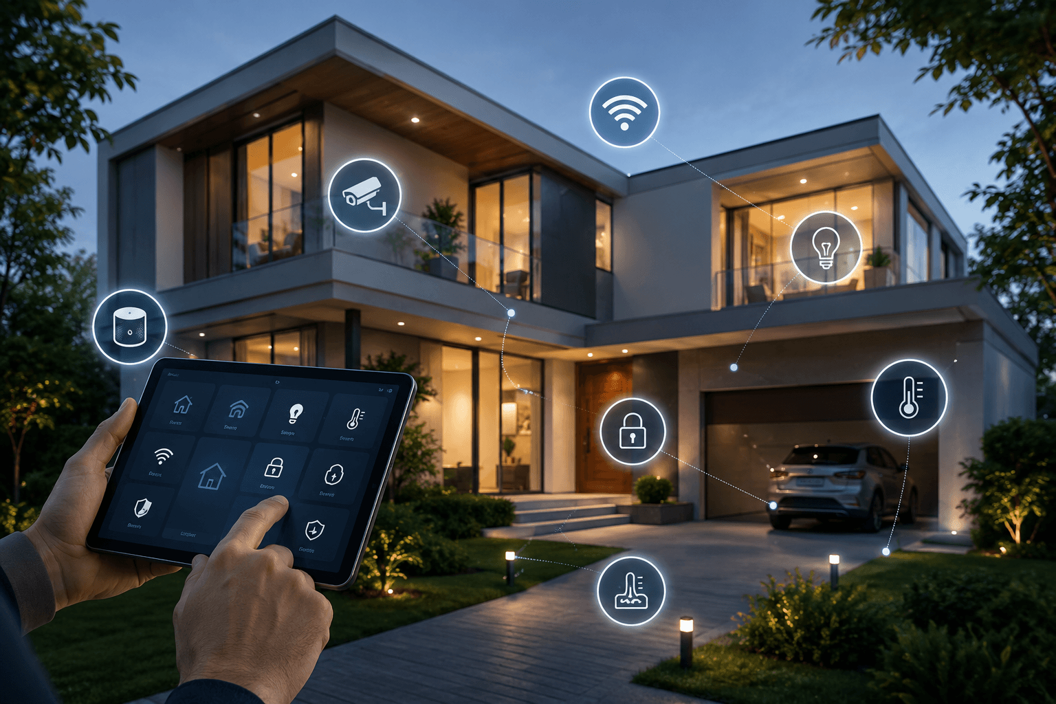 desain rumah smart home modern dengan sistem otomatisasi lampu keamanan dan AC