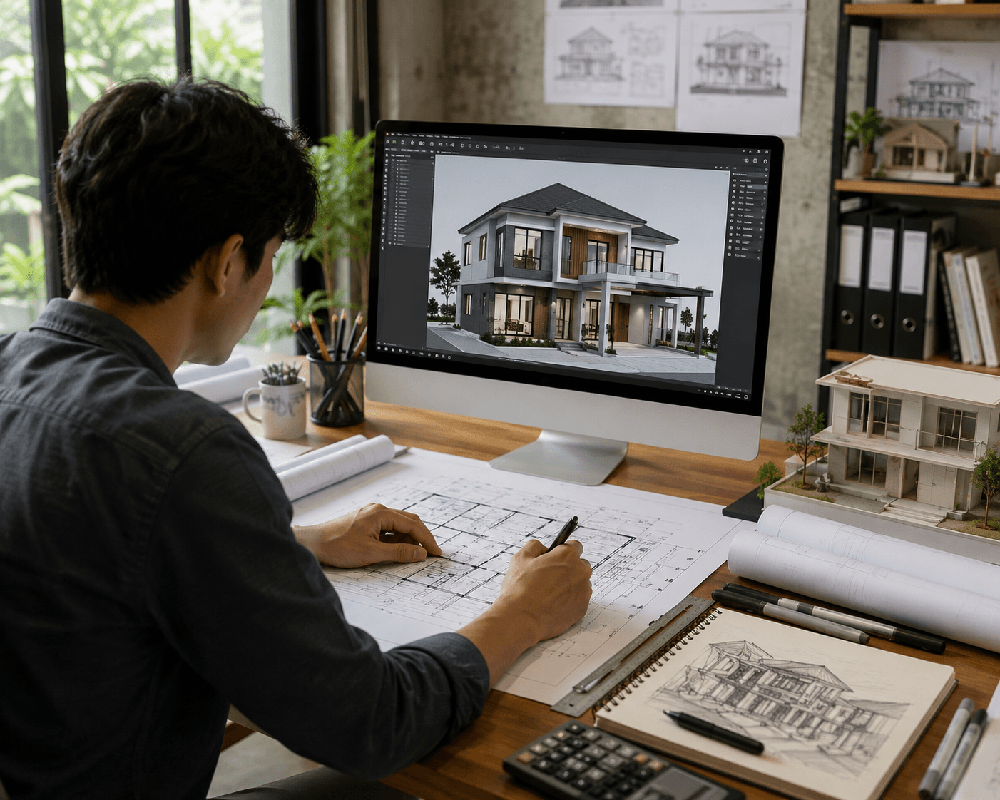 Jasa arsitek renovasi rumah profesional sedang mendesain rumah modern dengan gambar kerja arsitektur di kantor
