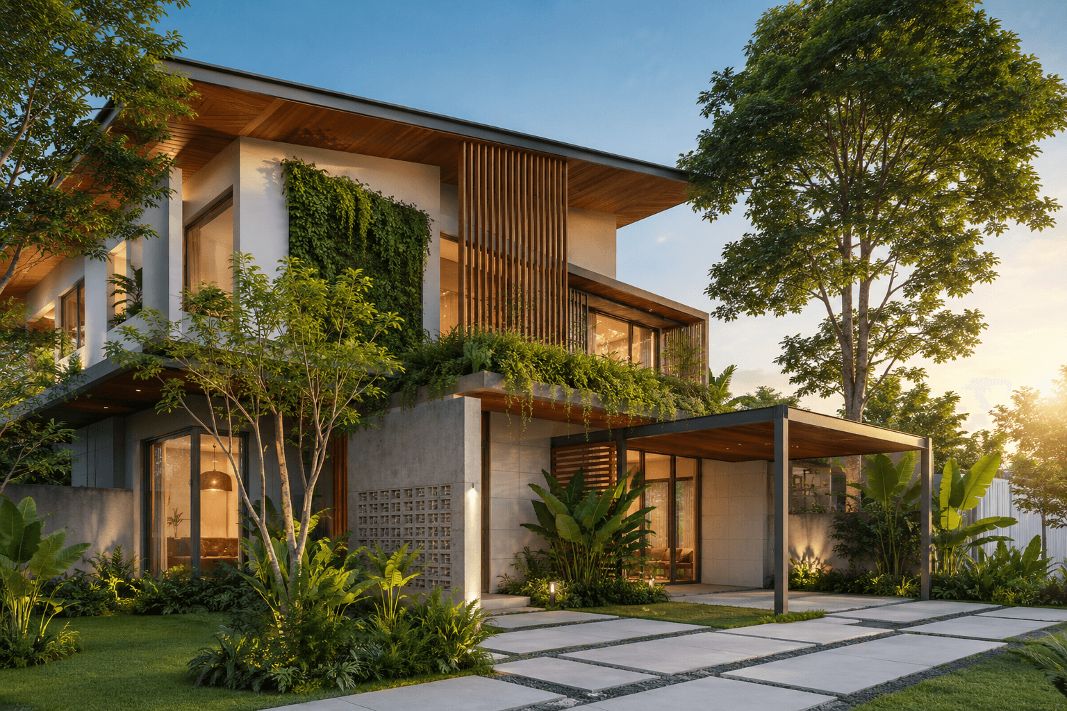 desain rumah arsitektur berkelanjutan modern dengan konsep hemat energi dan material ramah lingkungan