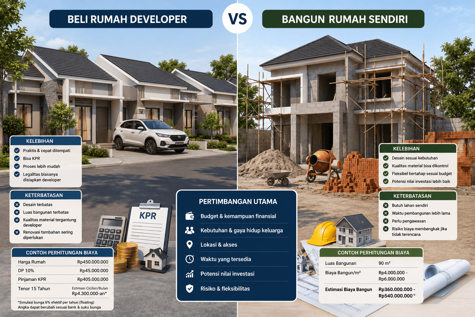 Perbandingan biaya bangun rumah sendiri vs beli rumah developer di Pekanbaru untuk analisis investasi properti