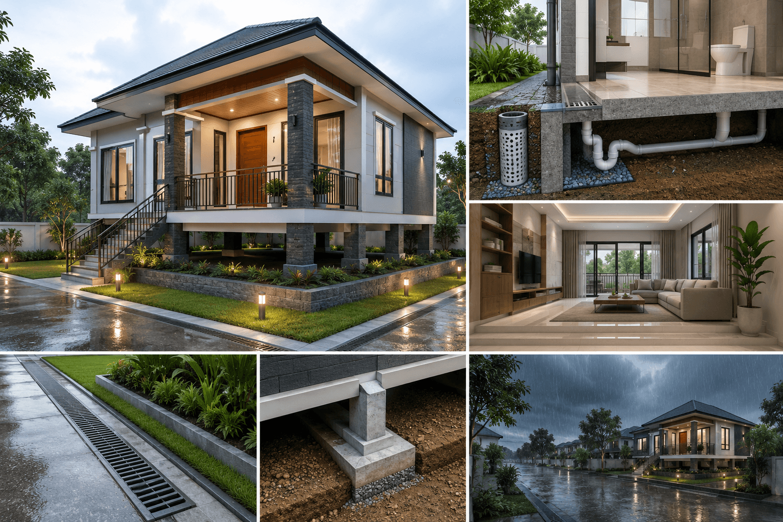 desain rumah tahan banjir di Pekanbaru dengan elevasi tinggi dan sistem drainase modern