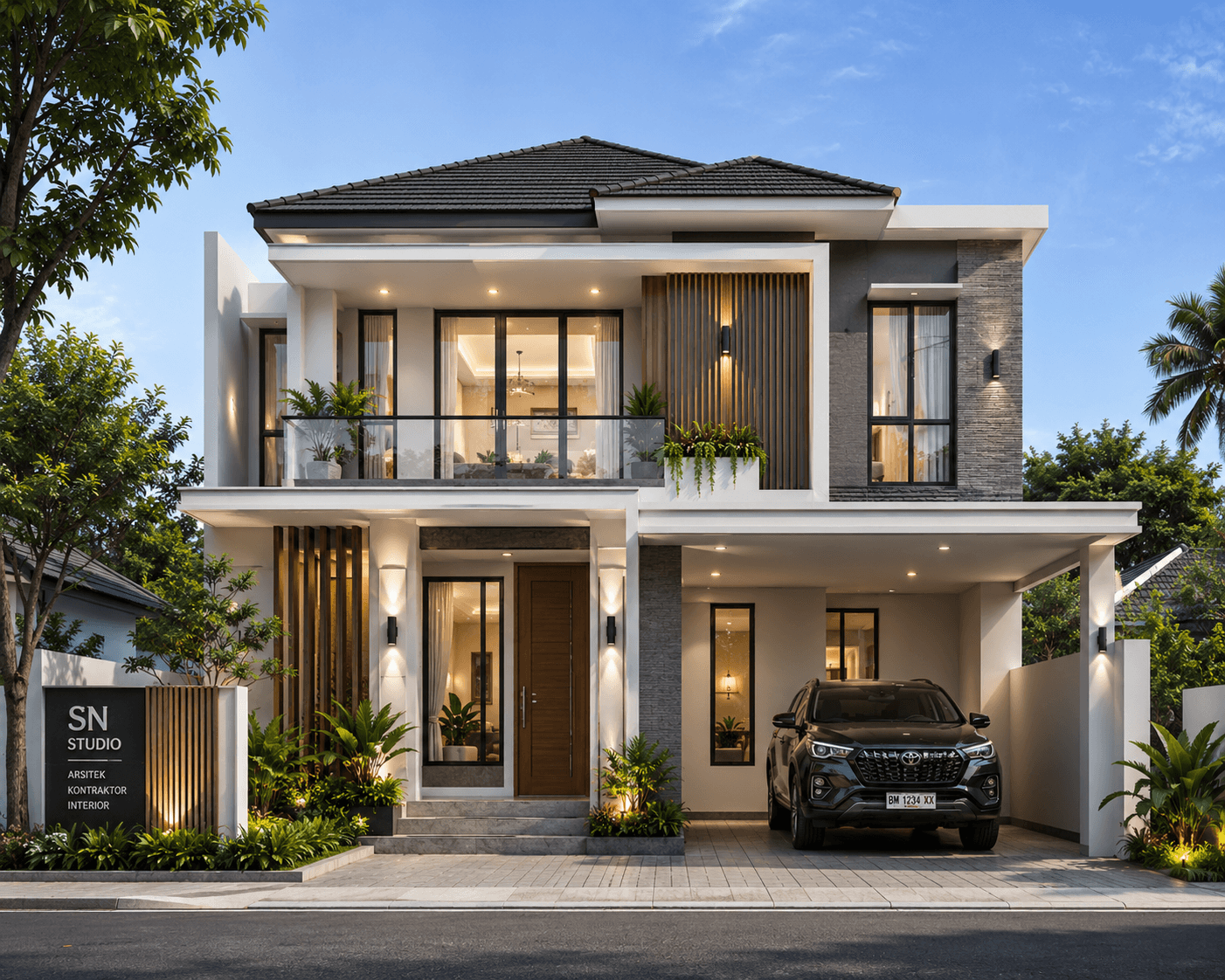 Jasa Arsitek Kulim Pekanbaru desain rumah modern 2 lantai dengan balkon kaca dan carport minimalis