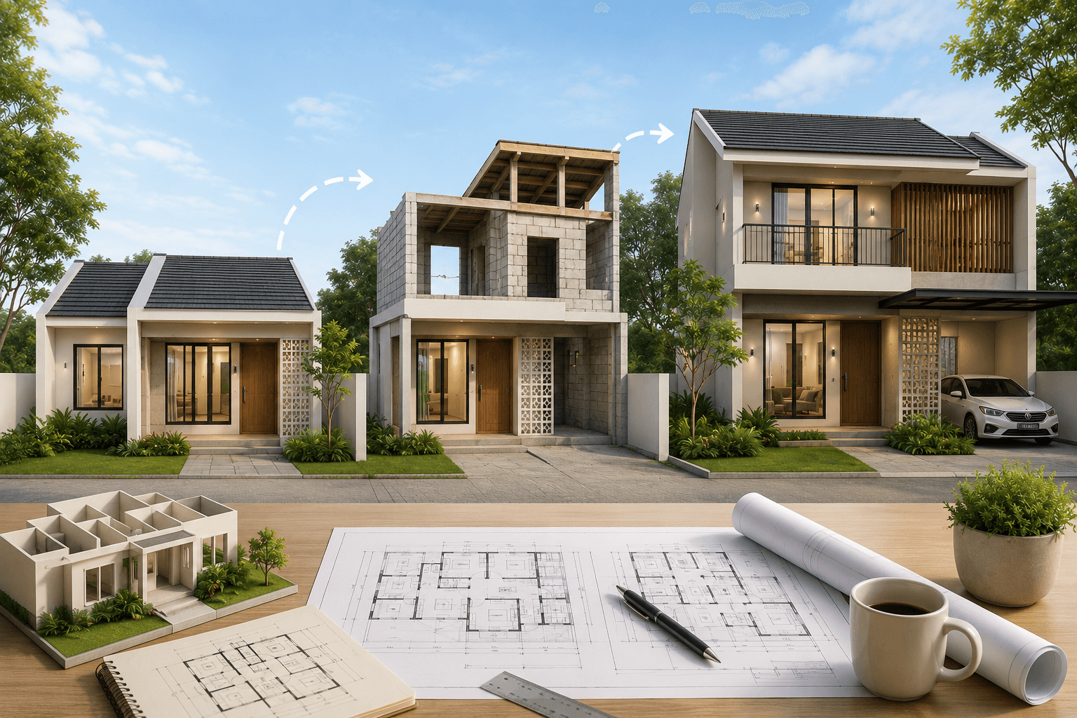 Desain rumah tumbuh minimalis dengan konsep pembangunan bertahap yang memungkinkan penambahan ruang dan lantai tanpa membongkar struktur utama rumah.