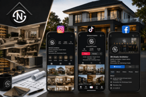 alt="Media sosial resmi SN Studio Pekanbaru menampilkan Instagram, TikTok, dan Facebook untuk layanan arsitek, kontraktor, dan desain interior di Pekanbaru Riau"