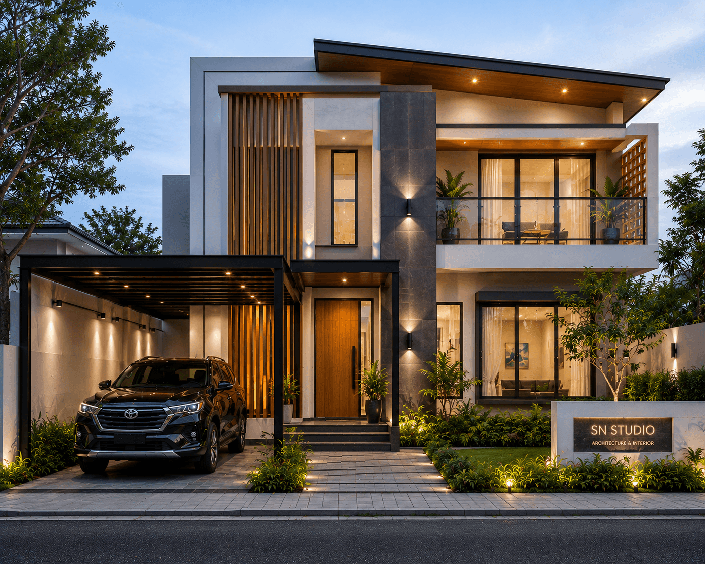 Jasa Arsitek Pekanbaru Kota desain rumah modern 2 lantai dengan fasad elegan dan carport minimalis