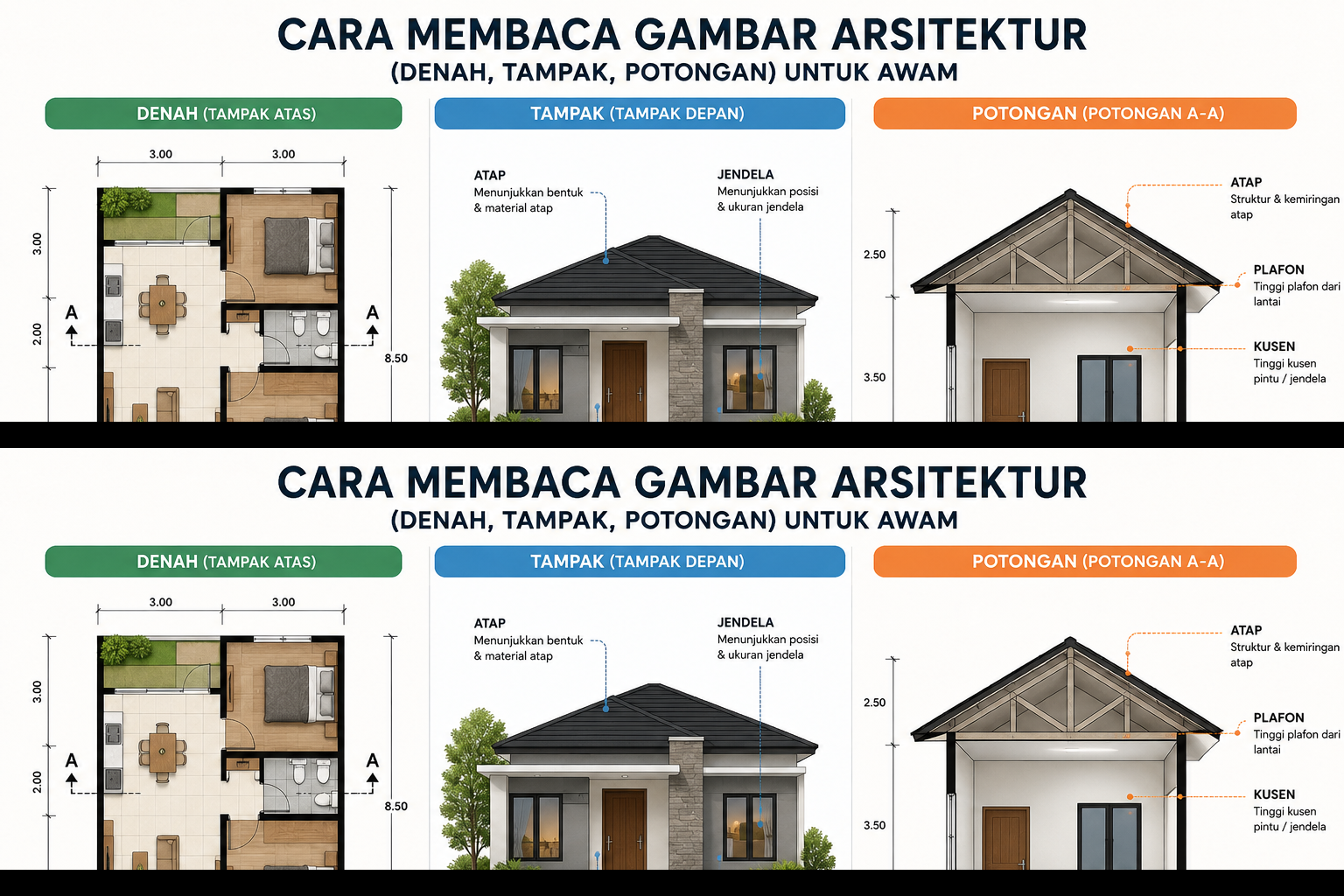 Ilustrasi cara membaca gambar arsitektur yang menampilkan denah rumah, gambar tampak bangunan, dan gambar potongan untuk membantu pemula memahami gambar kerja rumah.