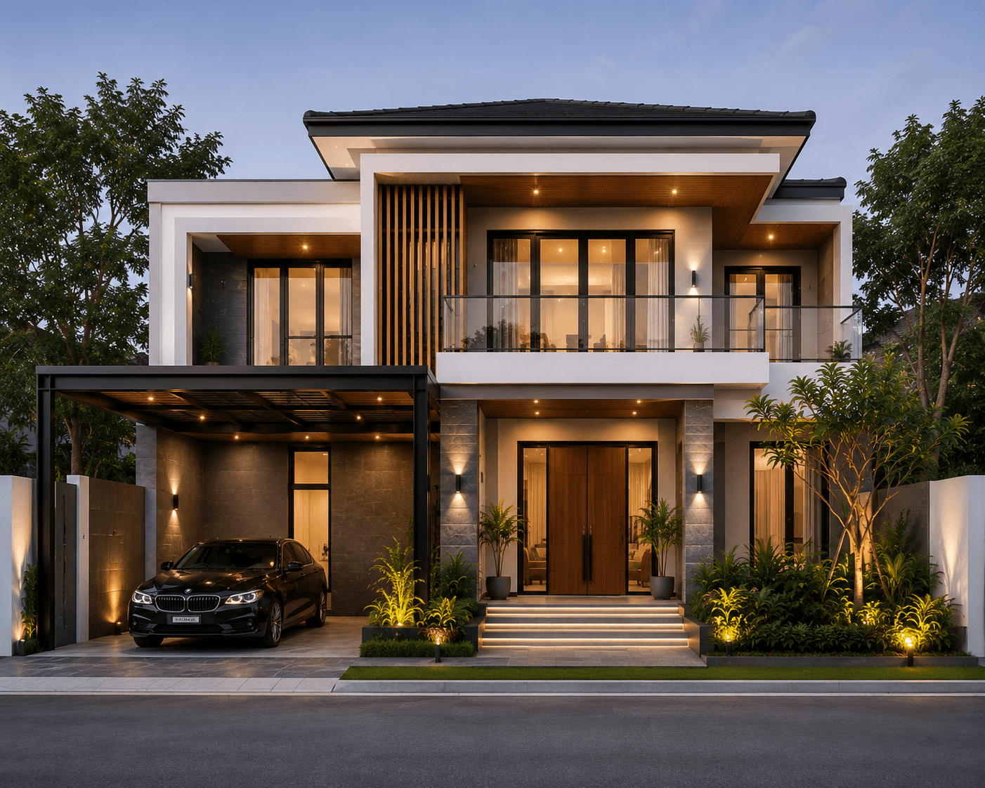 Jasa Arsitek Marpoyan Damai Pekanbaru desain rumah modern 2 lantai dengan fasad elegan dan pencahayaan alami