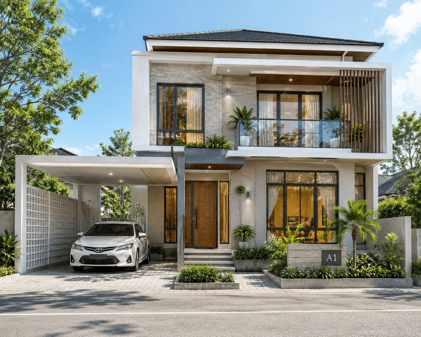 Jasa Arsitek Rumbai Timur Pekanbaru desain rumah modern tropis 2 lantai dengan balkon kaca dan carport minimalis