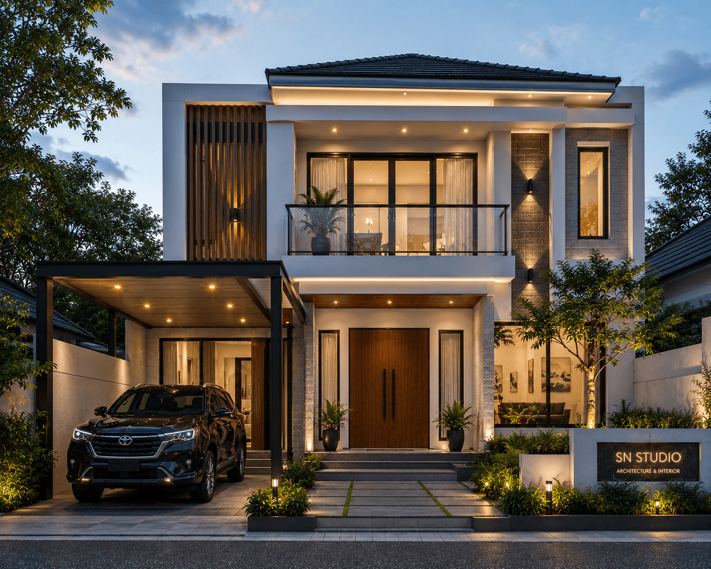 Jasa Arsitek Rumbai Barat Pekanbaru desain rumah modern 2 lantai dengan fasad elegan dan carport minimalis