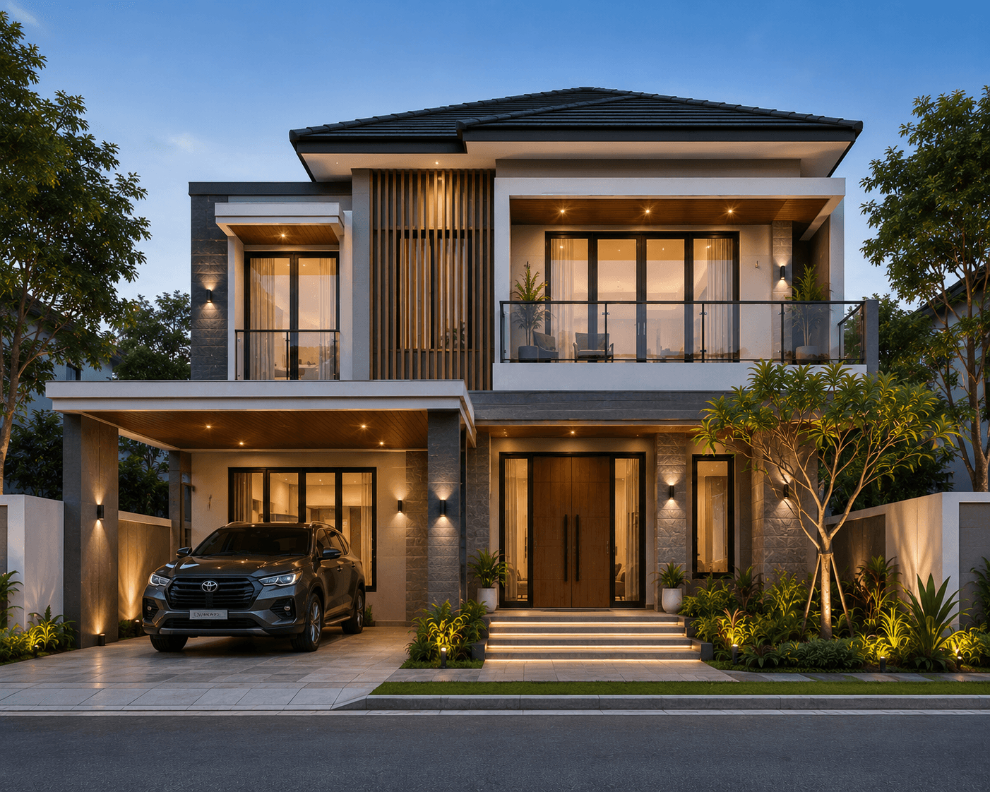 Jasa Arsitek Panam Pekanbaru desain rumah modern 2 lantai dengan fasad elegan dan tata ruang yang nyaman