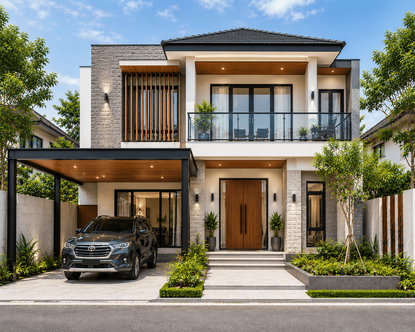 Jasa Arsitek Sail Pekanbaru desain rumah modern 2 lantai dengan fasad elegan dan carport minimalis
