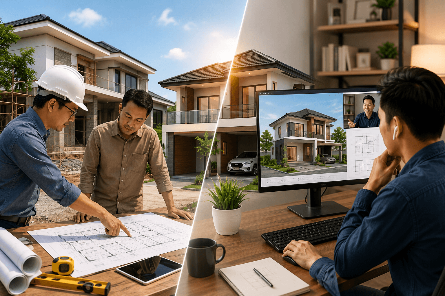 Perbandingan arsitek lokal dan arsitek online dalam proses desain rumah, konsultasi proyek, survey lapangan, dan perencanaan bangunan modern.