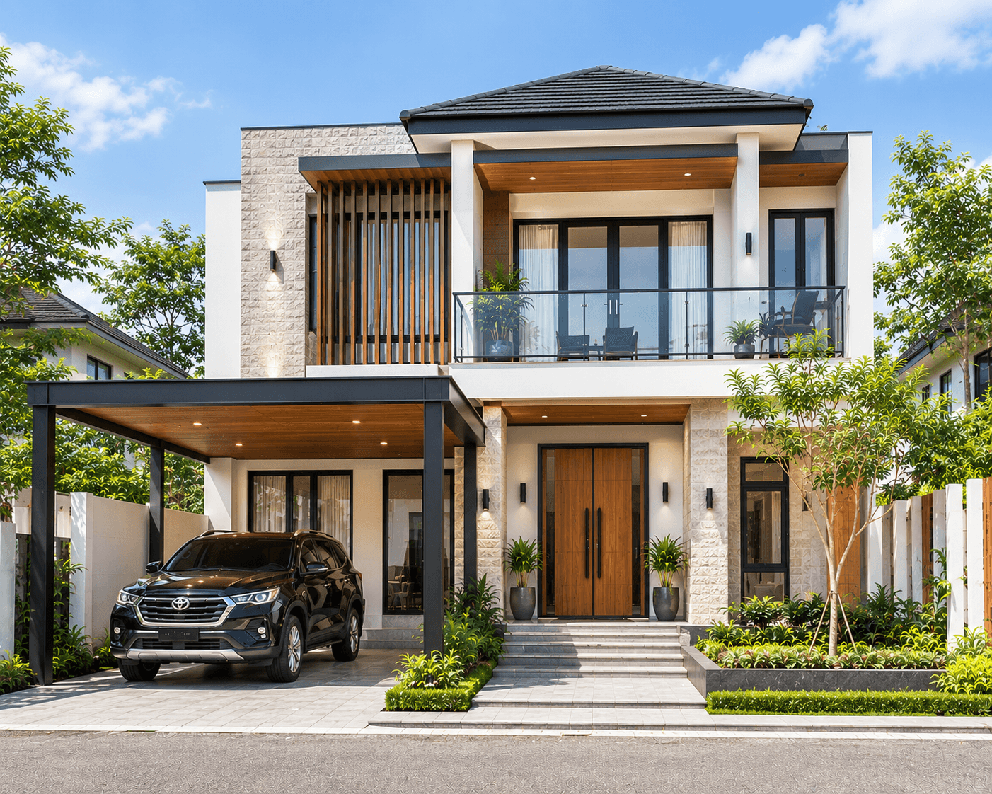 Jasa Arsitek Tenayan Raya Pekanbaru desain rumah modern 2 lantai dengan fasad elegan dan carport minimalis