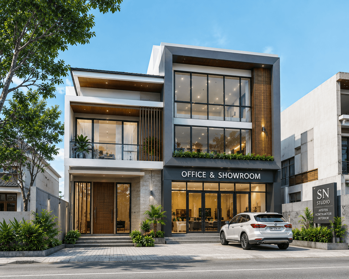 Jasa Arsitek Sukajadi Pekanbaru desain bangunan modern rumah dan showroom dengan fasad kontemporer