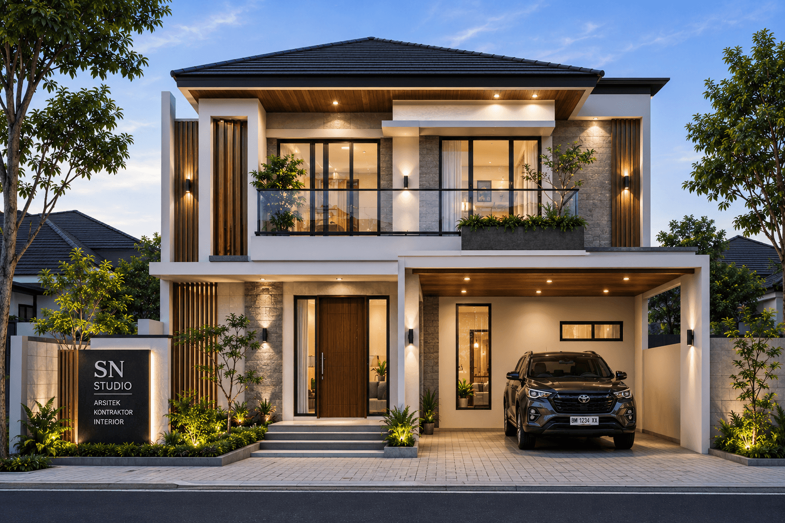 Jasa Arsitek Rumbai Pekanbaru desain rumah modern 2 lantai dengan balkon kaca dan carport luas