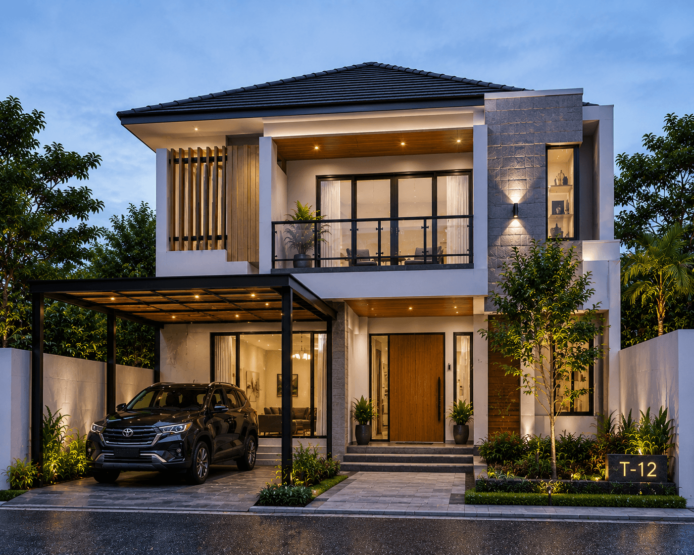 Jasa Arsitek Tuah Madani Pekanbaru desain rumah modern 2 lantai dengan fasad elegan dan pencahayaan eksterior yang mewah